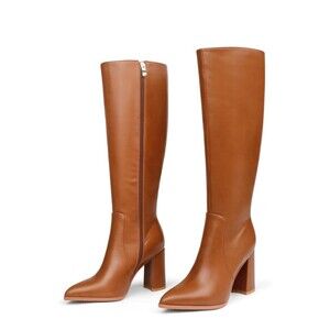COLTER  Women's Knee High Heel Boots NWT  Pointed Chunky Boots Gold Zipper soft